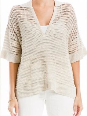 NWT Max Studio London Open Knit Collared Sweater Top in Oyster, Size S
